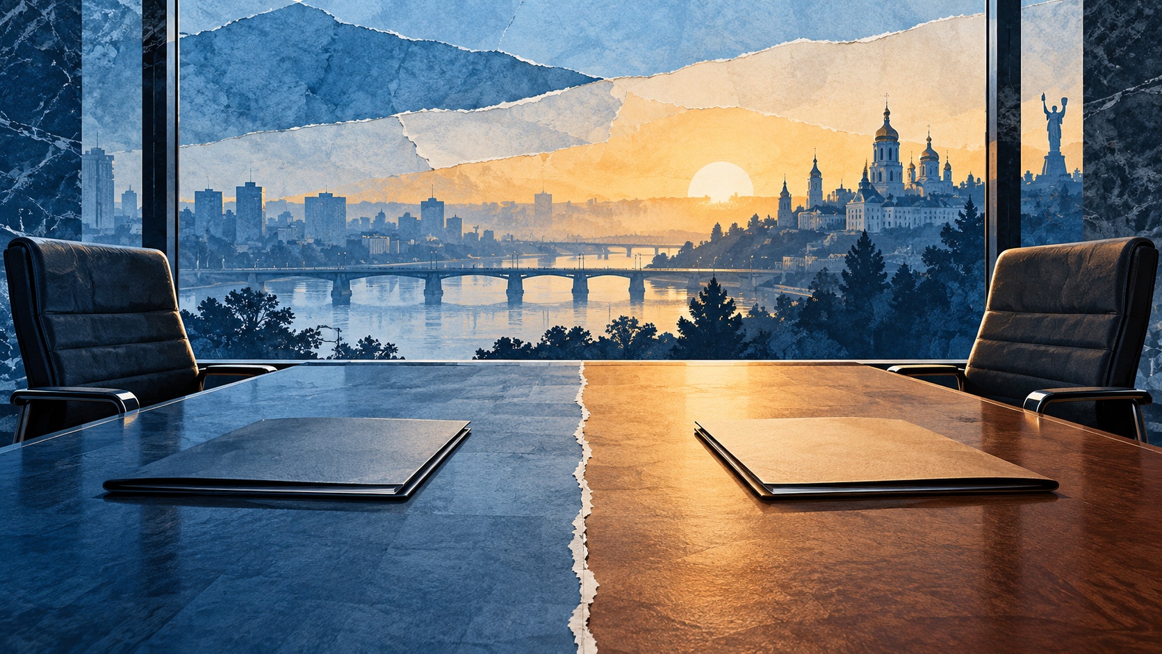 Editorial illustration: An empty negotiation table divided by a subtle paper seam, two blank briefing folders and a window onto an abstract Eastern European skyline; not a photograph.