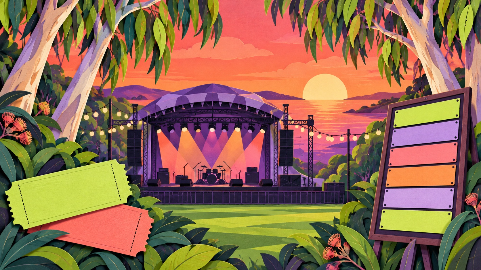 Editorial illustration: An outdoor music stage framed by eucalyptus trees; not an event photograph or official product image.