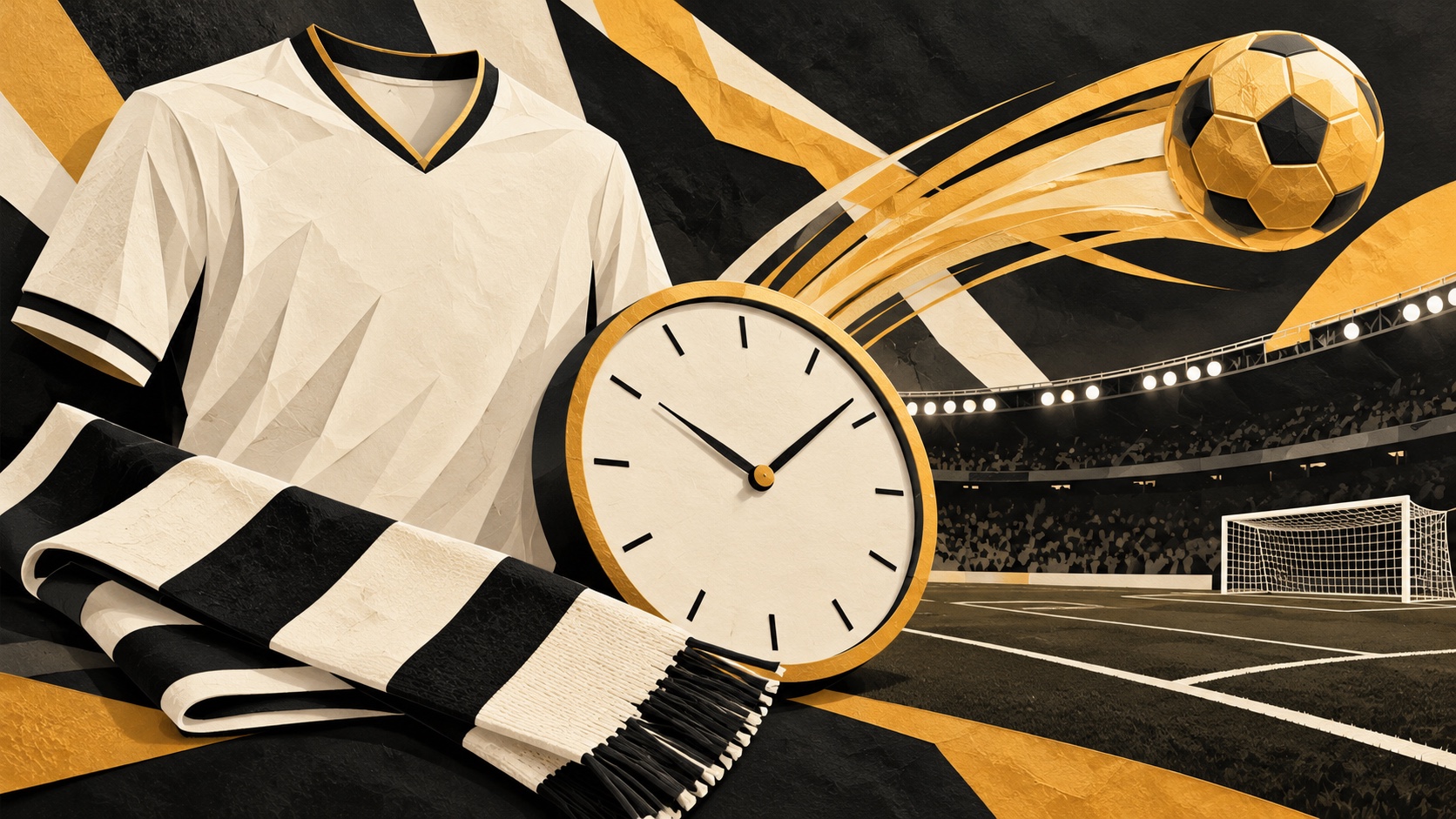 Editorial illustration: A white paper football jersey beside a black-white folded scarf and a clock face with no numerals, sweeping golden ball trail over a pitch; not a photograph.