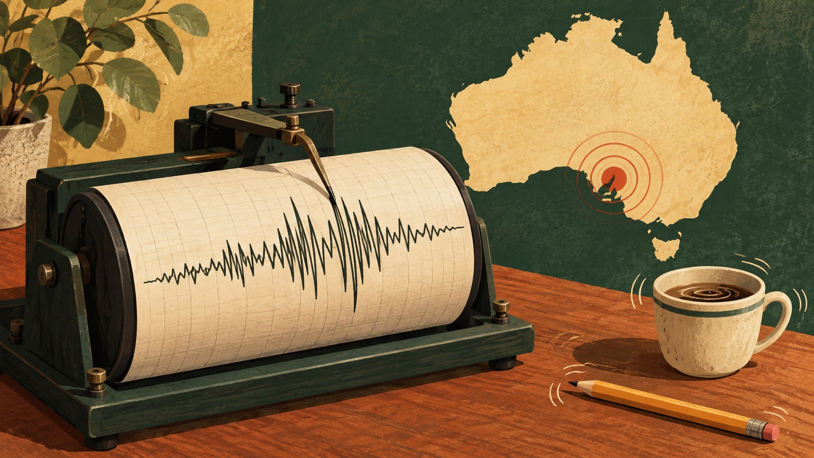 Editorial illustration: leongatha earthquake monitor; a conceptual image, not a photograph of the event or actual people.