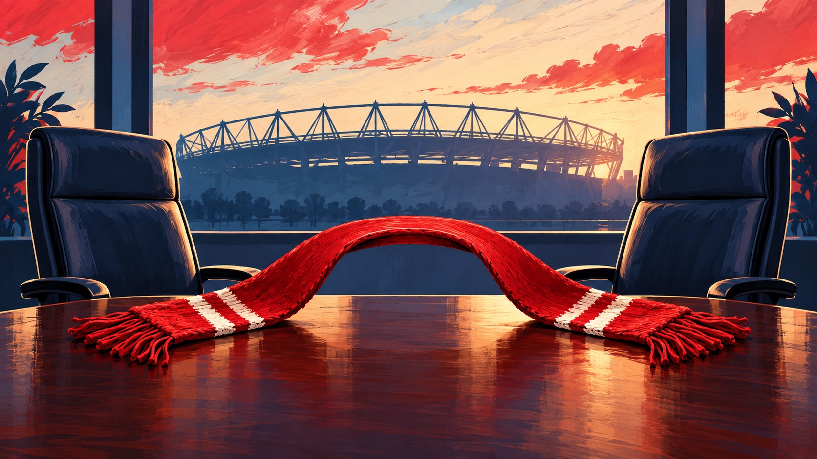 Editorial illustration: A red football scarf on a desk with an intact bridge connecting two empty executive chairs, a stadium outline through the window, continuity of sporting leadership; not a photograph.