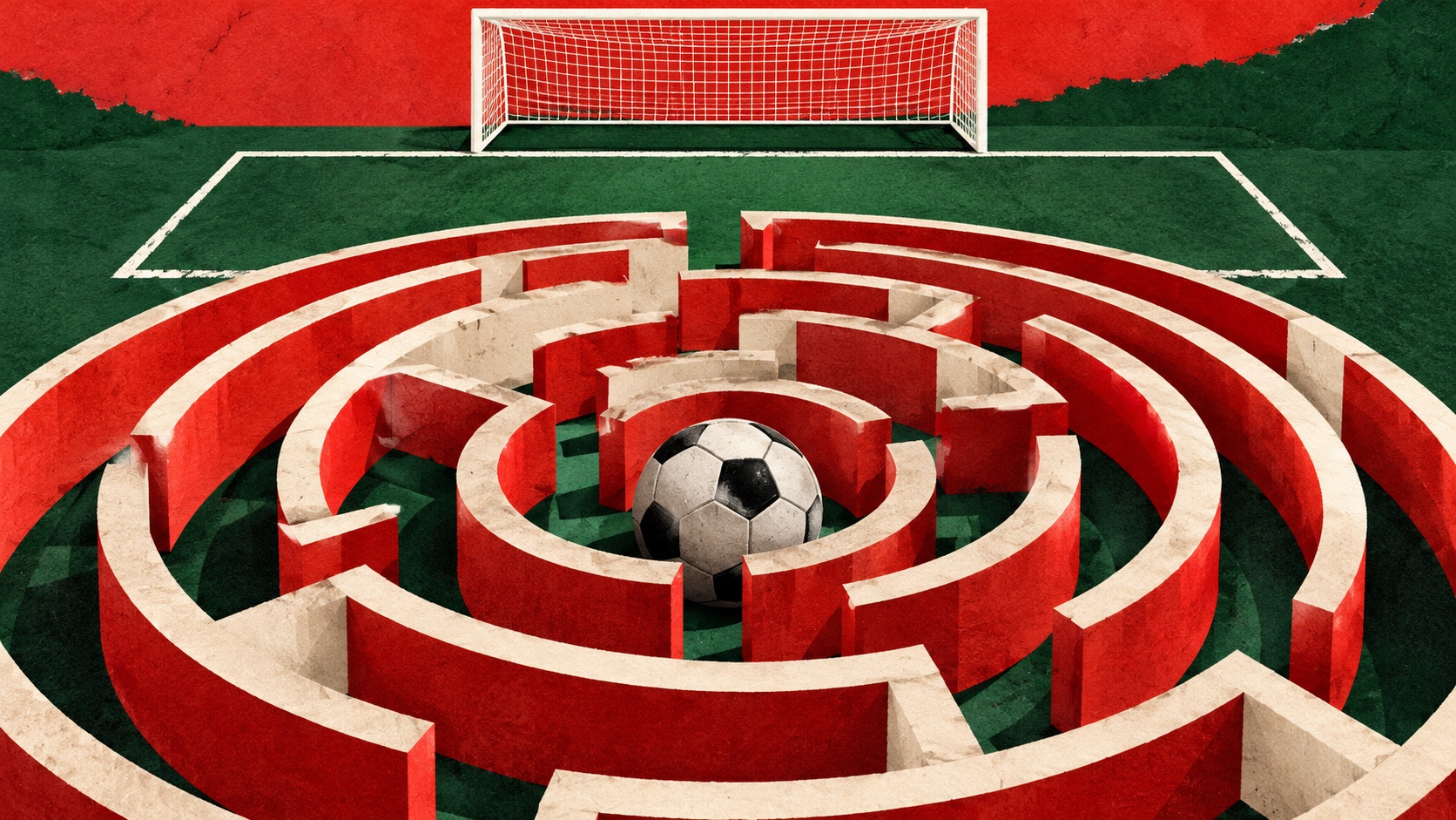 Editorial illustration: An empty goal mouth behind a football trapped in a circular red-white paper maze; not a photograph.