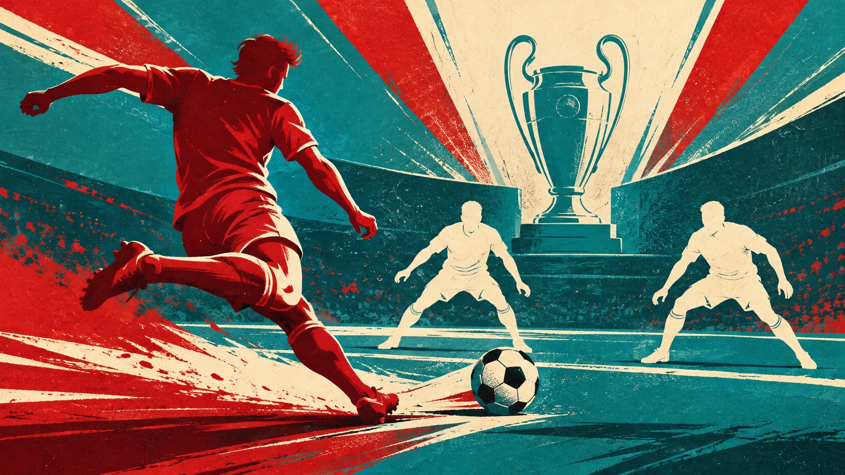 Editorial illustration: A red paper football forward silhouette shooting toward two separated white defensive silhouettes, a black-and-white ball beside an imaginary cup; not a photograph.