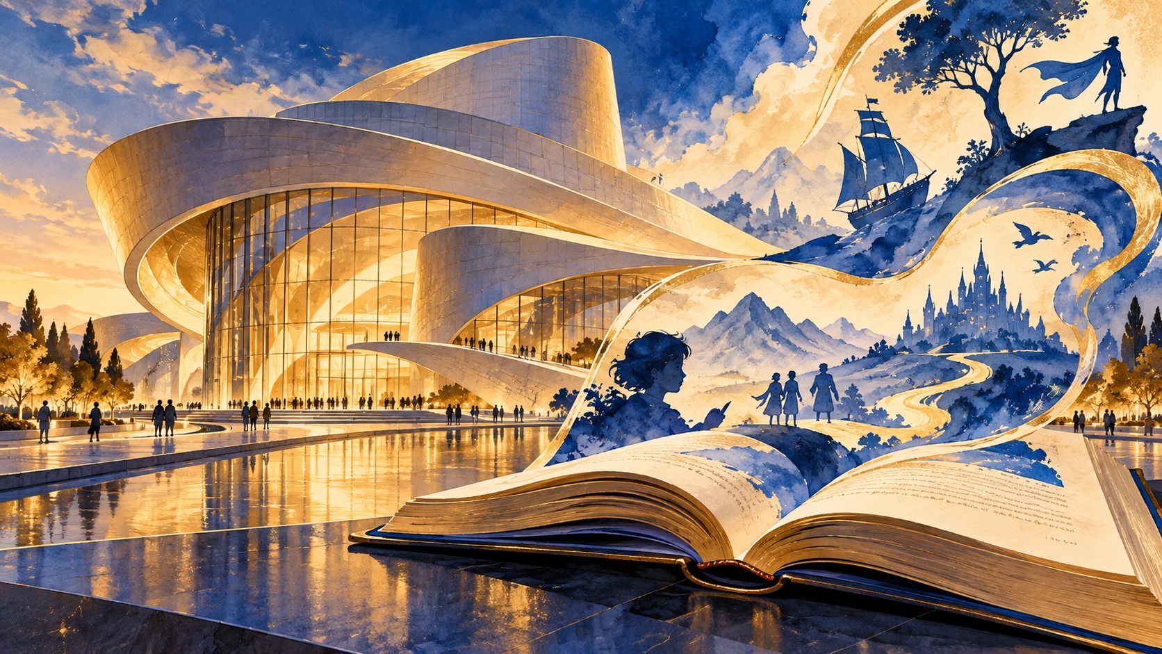 Editorial illustration: An imagined sweeping modern museum building alongside an open illustrated book with abstract storytelling silhouettes; not an event photograph or official product image.