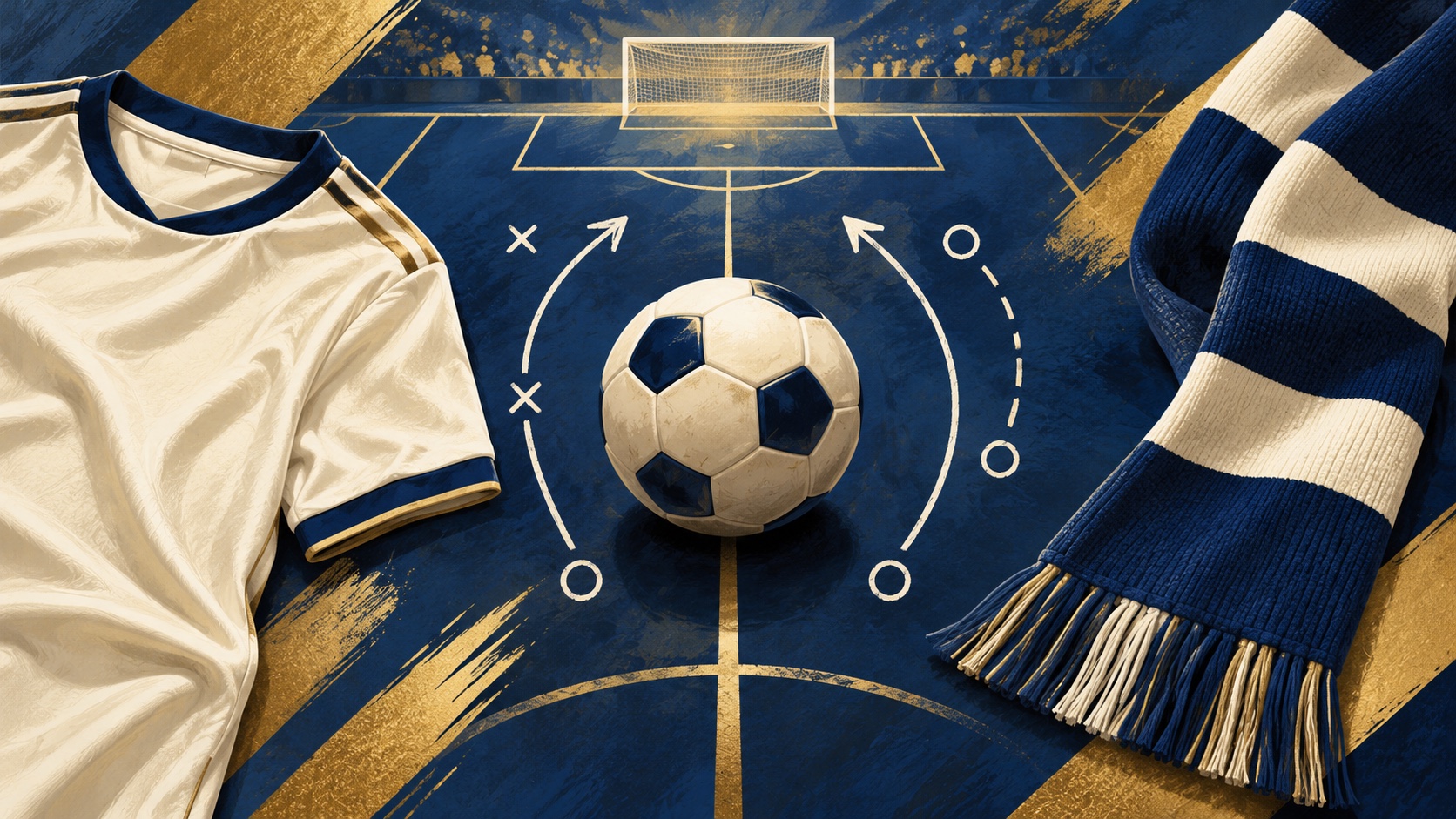 Editorial illustration: An ivory football jersey beside a navy-blue striped paper scarf, a ball balanced between two plain tactical routes over a distant goal; not a photograph.
