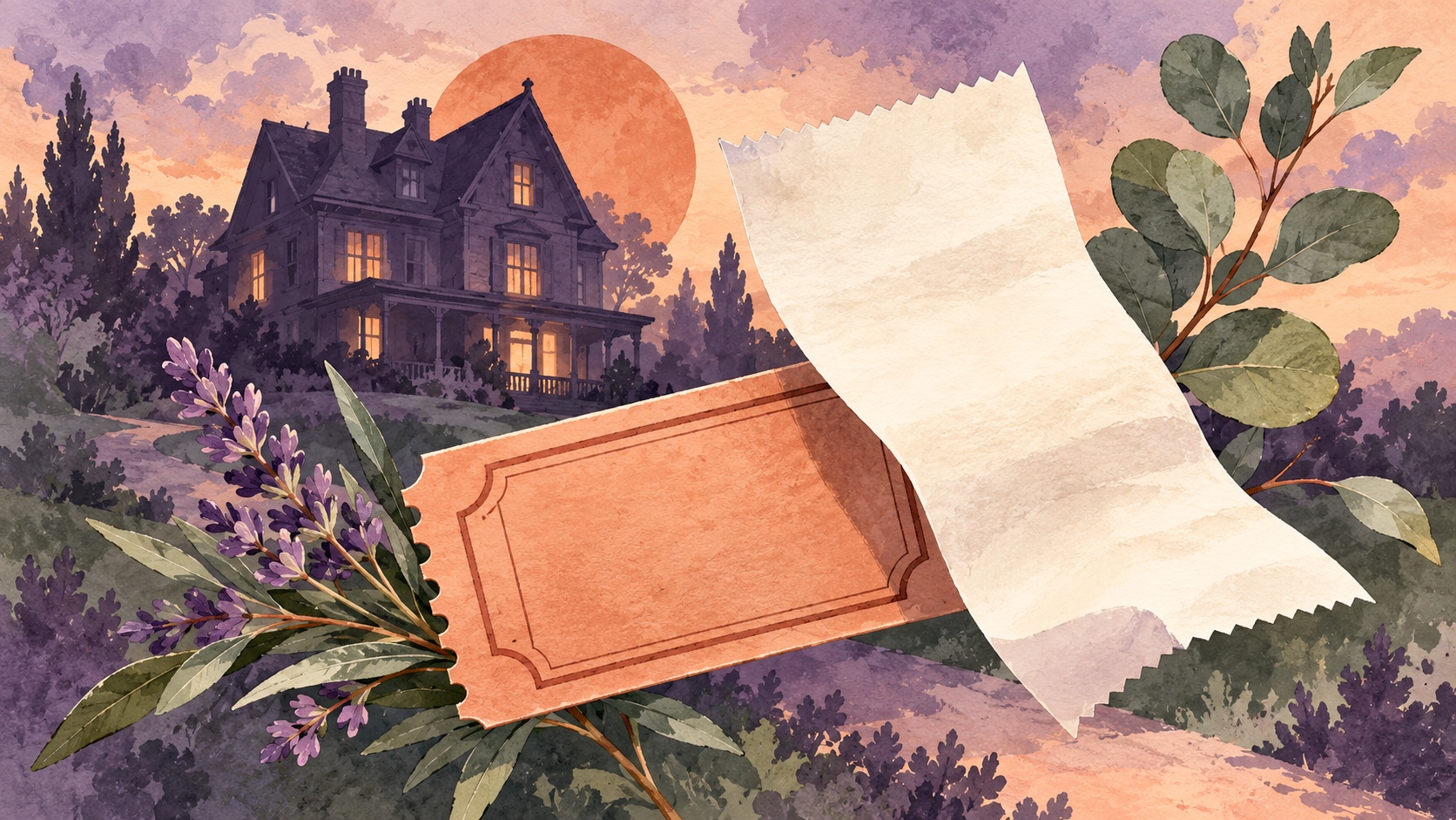Editorial illustration: An imagined old house silhouette behind a plain cinema ticket and two botanical sprigs, a blank receipt floating foreground; not a photograph.
