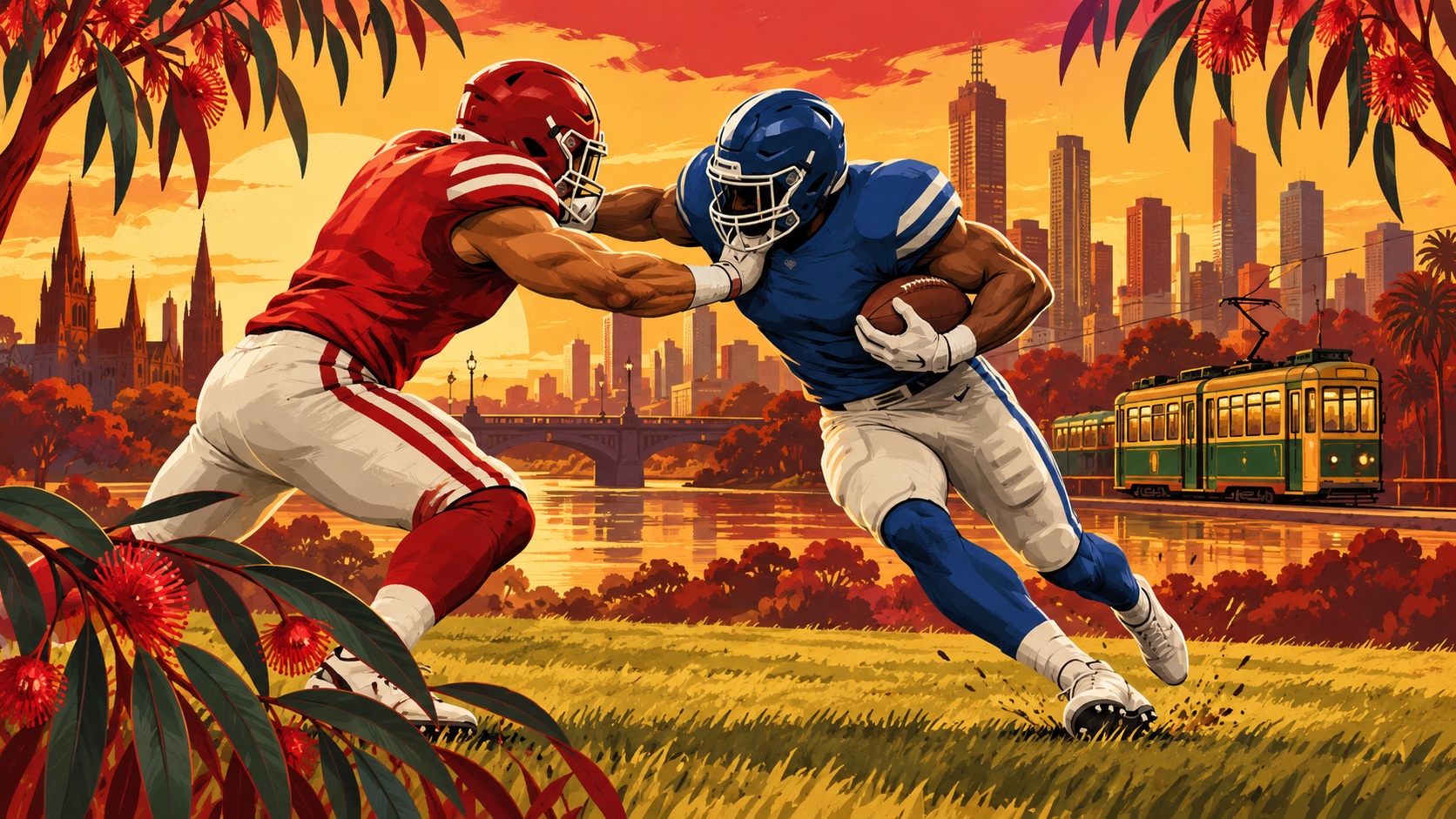 Editorial illustration: An anonymous red-shirted American-football defender blocking a blue runner on a field with a Melbourne-inspired tram silhouette in distance; not a photograph.
