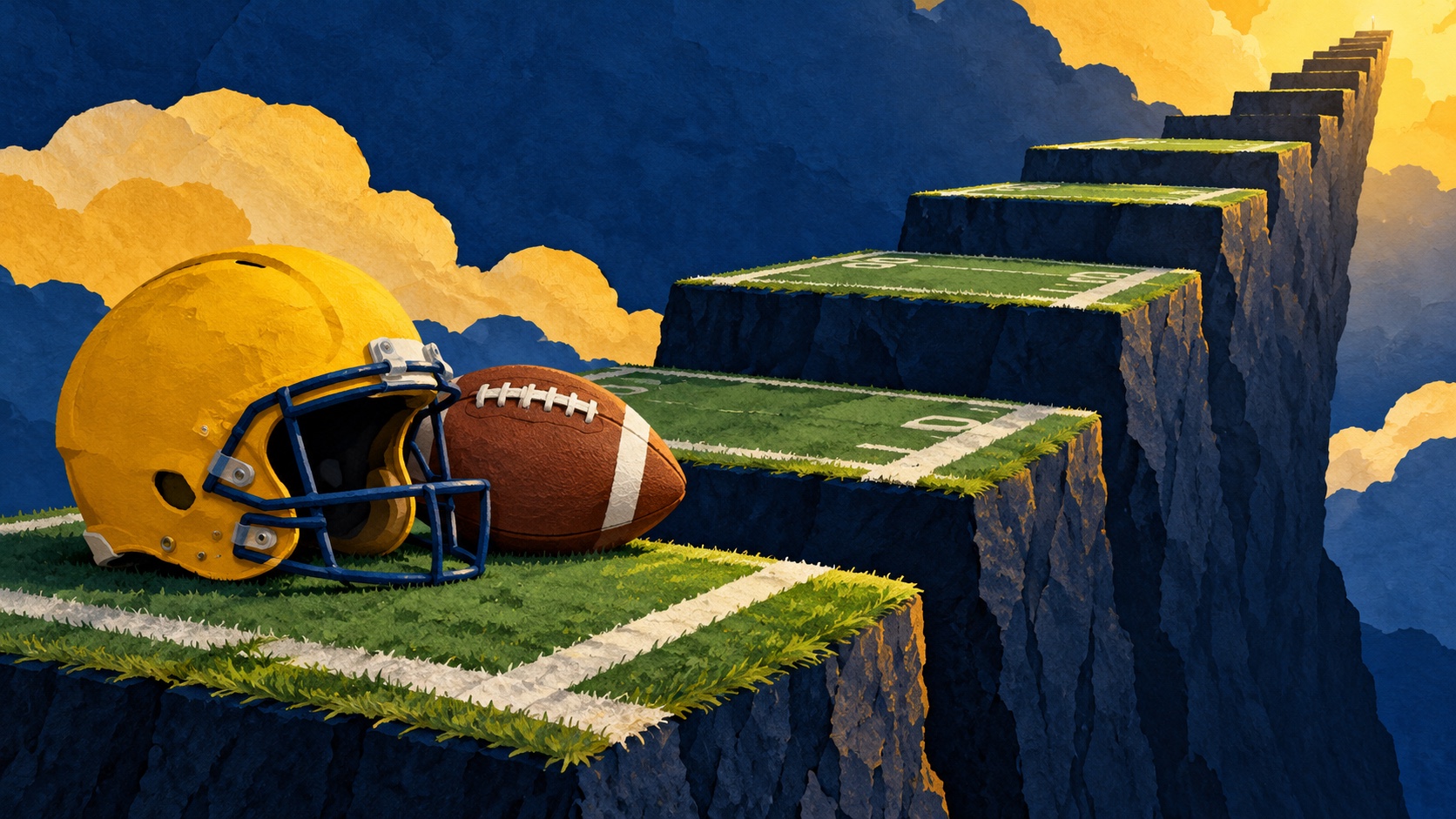 Editorial illustration: A plain maize-colored American football helmet beside a ball at the edge of a steep staircase of practice-field segments, first step completed and a harder next step ahead; not a photograph.