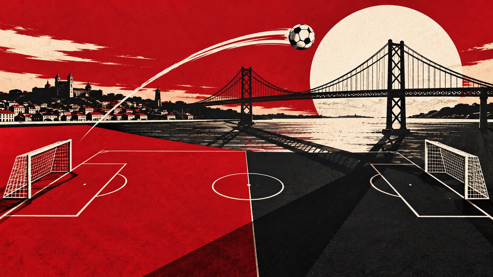 Editorial illustration: Two empty football goals separated by a crimson and deep-black diagonally divided pitch, a white ball crossing a paper shadow of a Lisbon-style bridge; not a photograph.