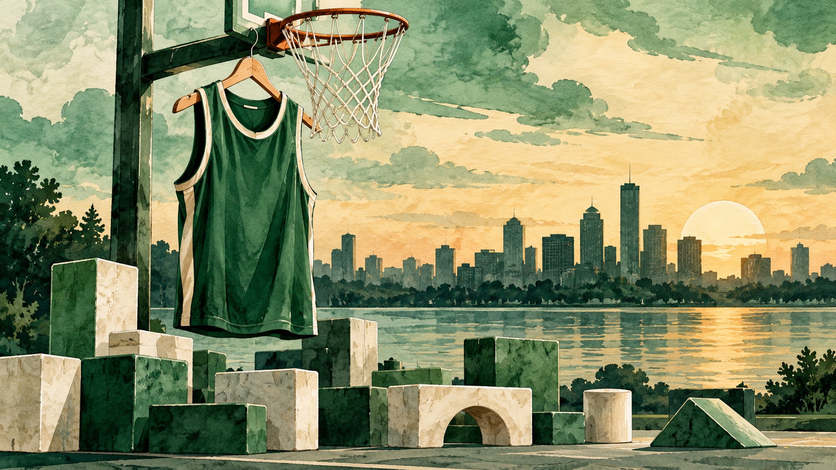 Editorial illustration: An empty green basketball jersey hanging beside a hoop with loose architectural rebuilding blocks below, lakeside city silhouette; not a photograph.
