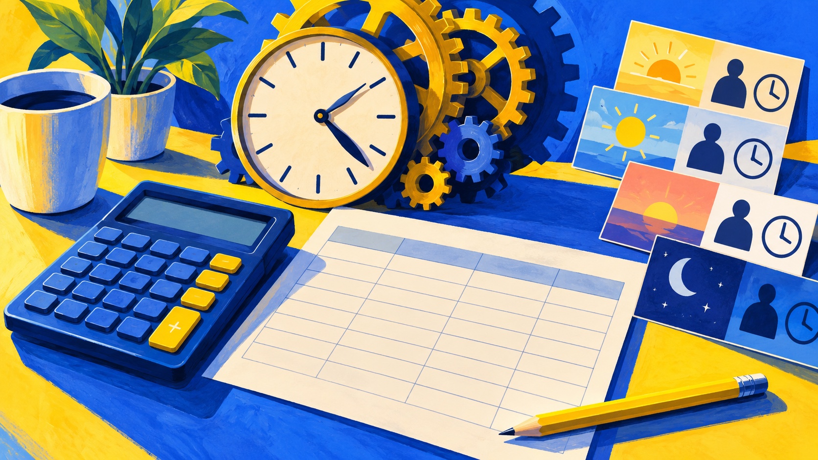 Editorial illustration: An unbranded calculator, blank payslip grid and clock gears arranged as a careful desk still life, different work-hour cards without writing; not a photograph.