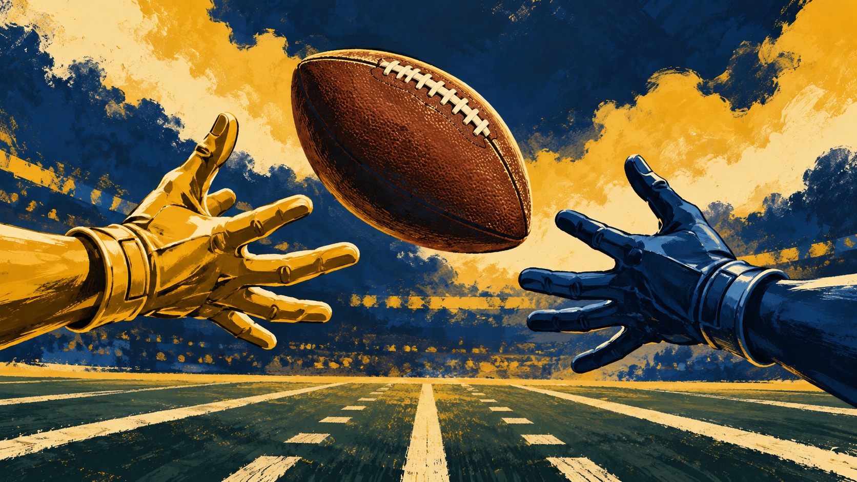 Editorial illustration: A blank American football slips between anonymous gold and blue gloved hands over a striped field; not a photograph.