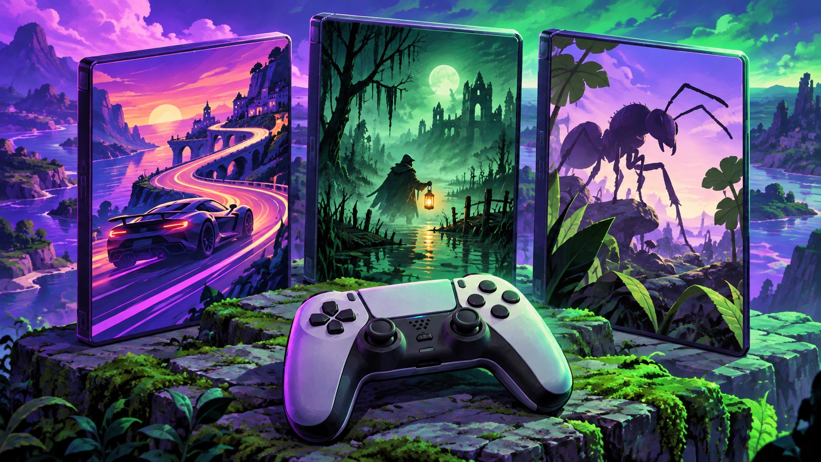 Editorial illustration: monthly game library; conceptual artwork, not an event photograph or official document.