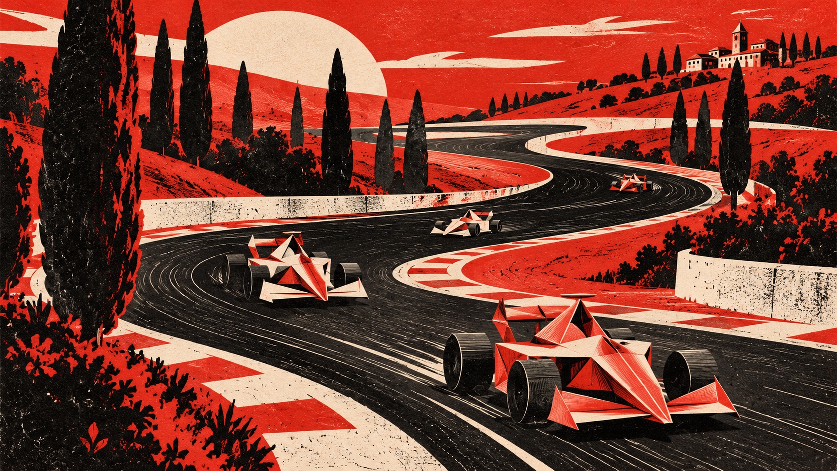 Editorial illustration: Several tiny clearly imaginary single-seater race-car paper models taking different lines through an abstract winding track surrounded by Italian-style trees; not a photograph.