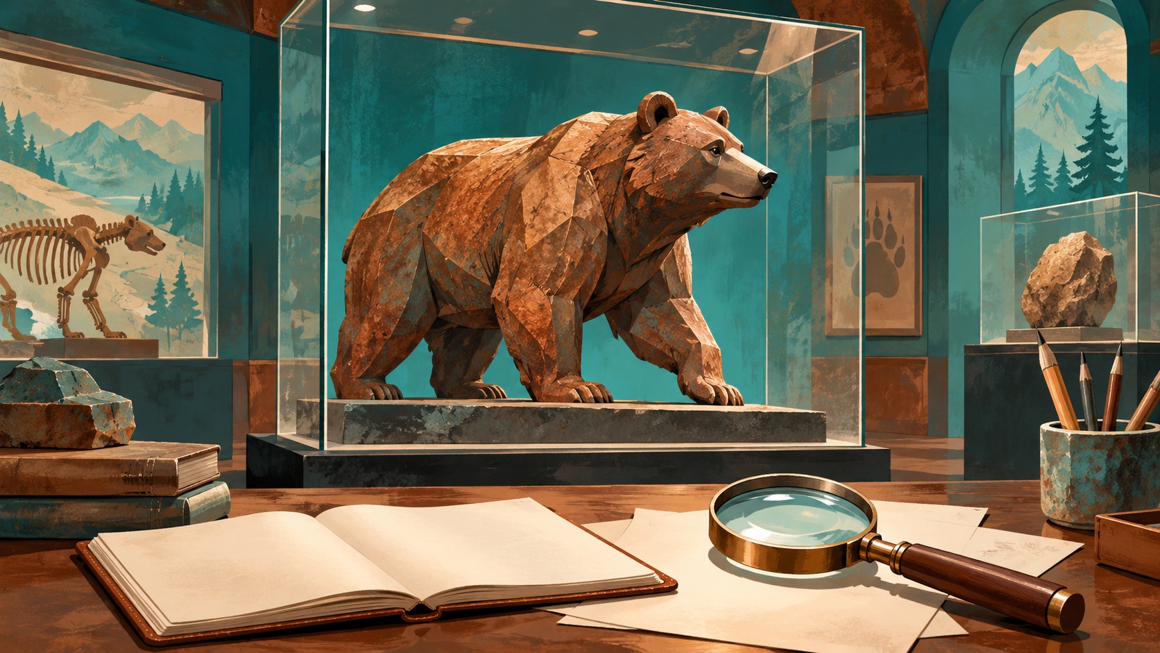 Editorial illustration: A museum display case holding a stylized brown bear sculpture with a magnifying glass and blank lab notes nearby; not a photograph.