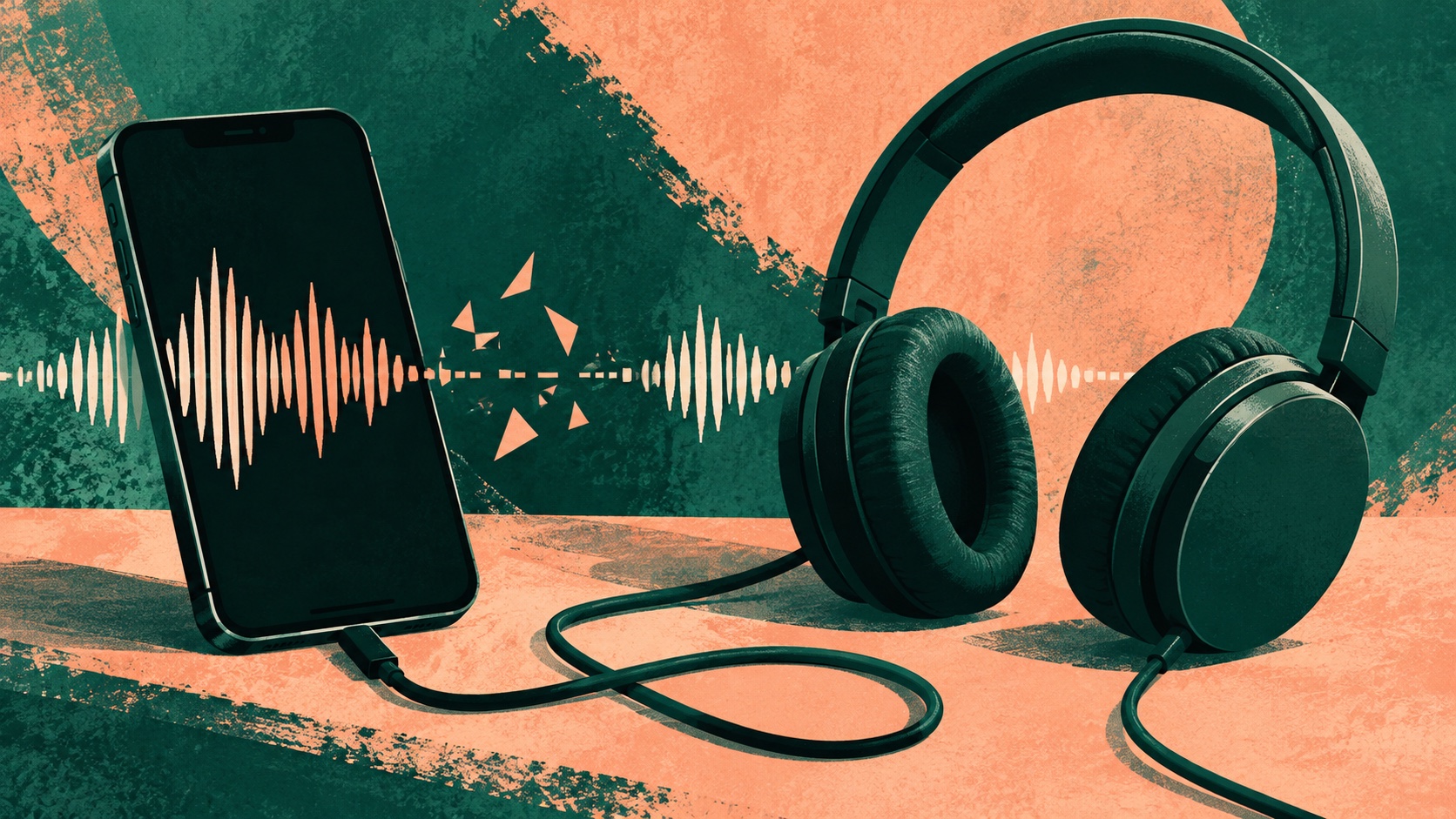 Editorial illustration: Unbranded headphones beside a phone with an interrupted abstract audio waveform and a loose cable; not an event photograph or official product image.