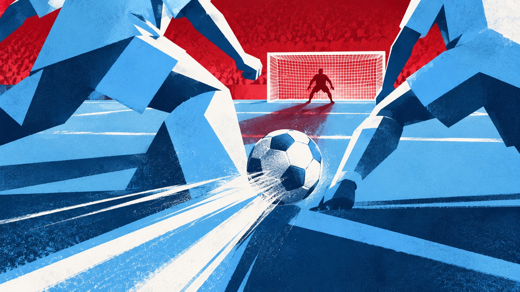 Editorial illustration: A ball threads a narrow opening between sky-blue paper defensive blocks toward a crimson shadow at a distant football goal; not a photograph.