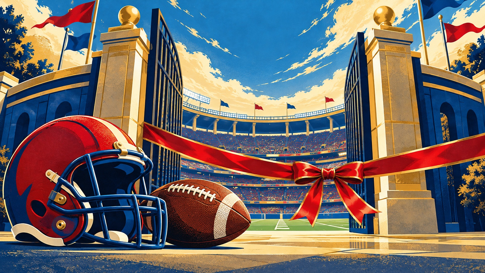 Editorial illustration: An imagined grand American-football stadium opening its gates; not a photograph of the event or an official product depiction.