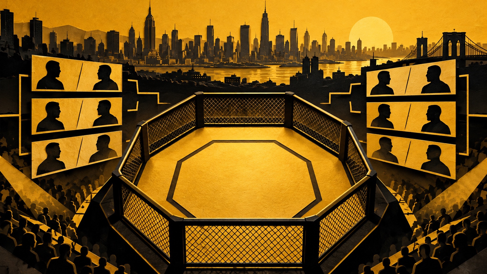 Editorial illustration: An octagonal cage floor seen from above with blank fight-pair cards and a distant New York skyline; not a photograph of the event or an official product depiction.