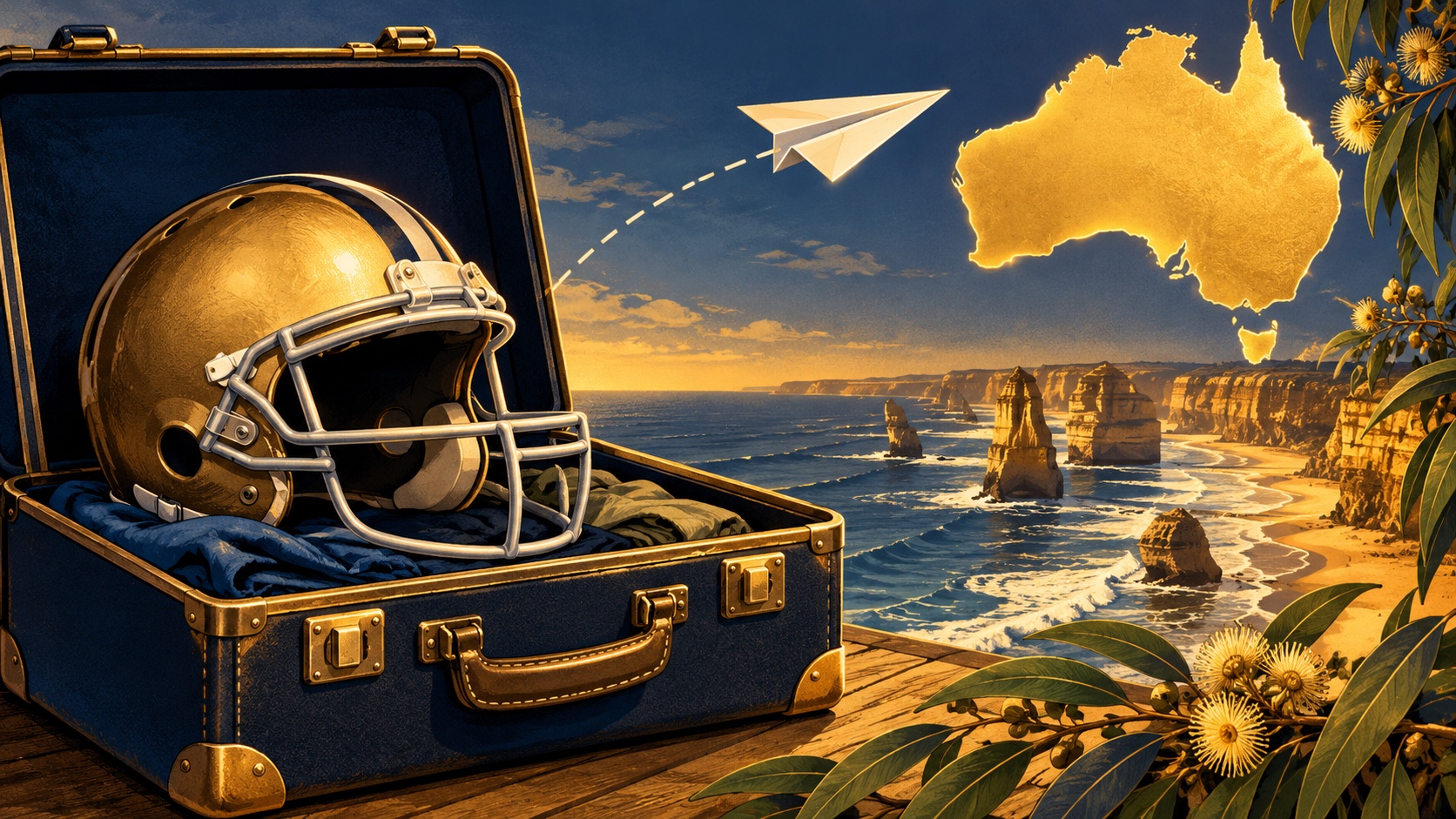 Editorial illustration: An empty American football helmet inside an open suitcase beside a paper airplane curving toward an Australian coast silhouette and eucalyptus leaves; not a photograph.