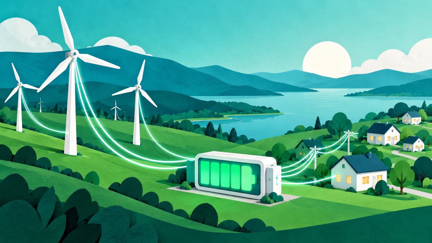 Editorial illustration: Wind turbines linked by curving power lines to modest houses and a battery icon-shaped storage block across green fields, grid capacity metaphor; not a photograph.