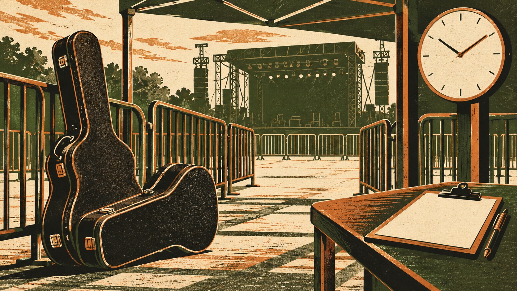 Editorial illustration: Two plain guitar cases at an empty concert gate, blank registration card and a clock without numbers; not a photograph.
