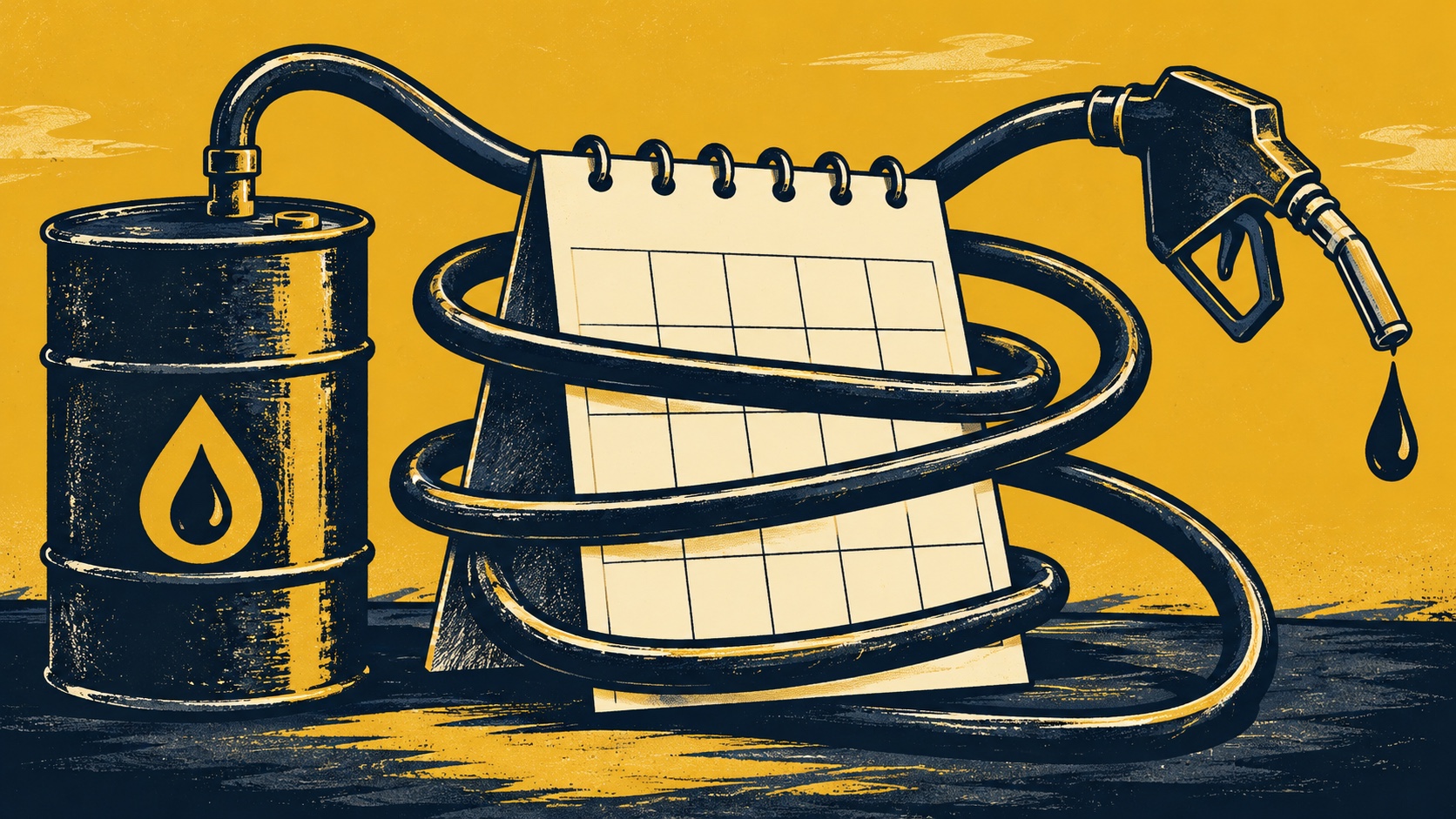 Editorial illustration: A crude oil barrel on one end and a petrol nozzle on the other connected by a long coiled pipeline around a blank calendar, pricing delay metaphor; not a photograph.