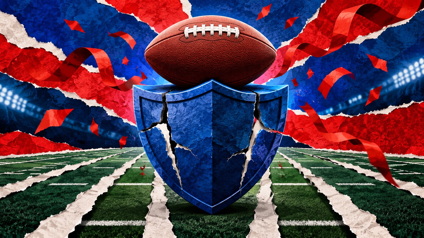 Editorial illustration: A plain American football balanced on a blue defensive shield with small gaps, celebratory red ribbons in background contrasted with exposed lanes on a field; not a photograph.
