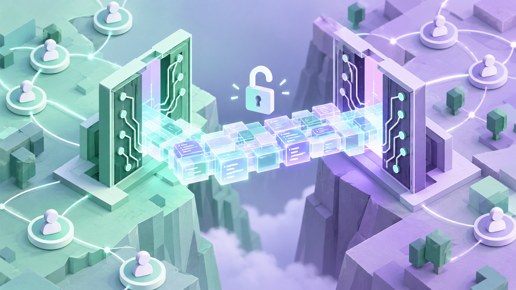 Editorial illustration: Two abstract open electronic circuit gates connecting across a bridge made of translucent code-shaped blocks, a small unlocked padlock and community nodes; not a photograph.
