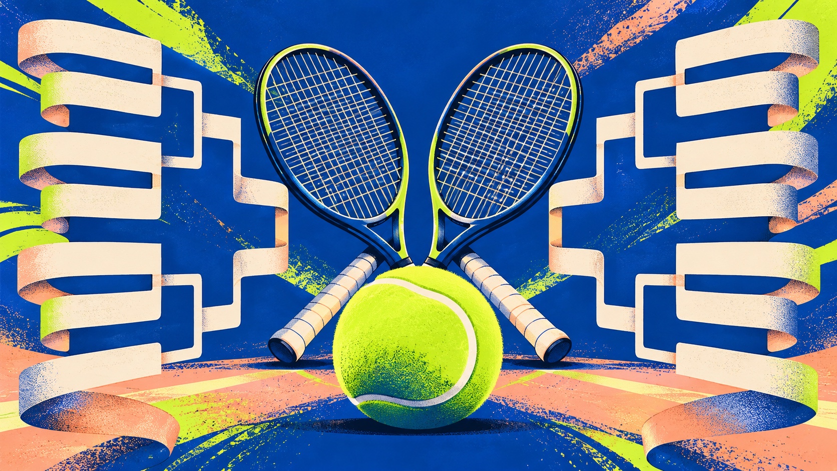 Editorial illustration: A blank tournament bracket formed from paper ribbons surrounds a tennis ball and two plain rackets; not a photograph.