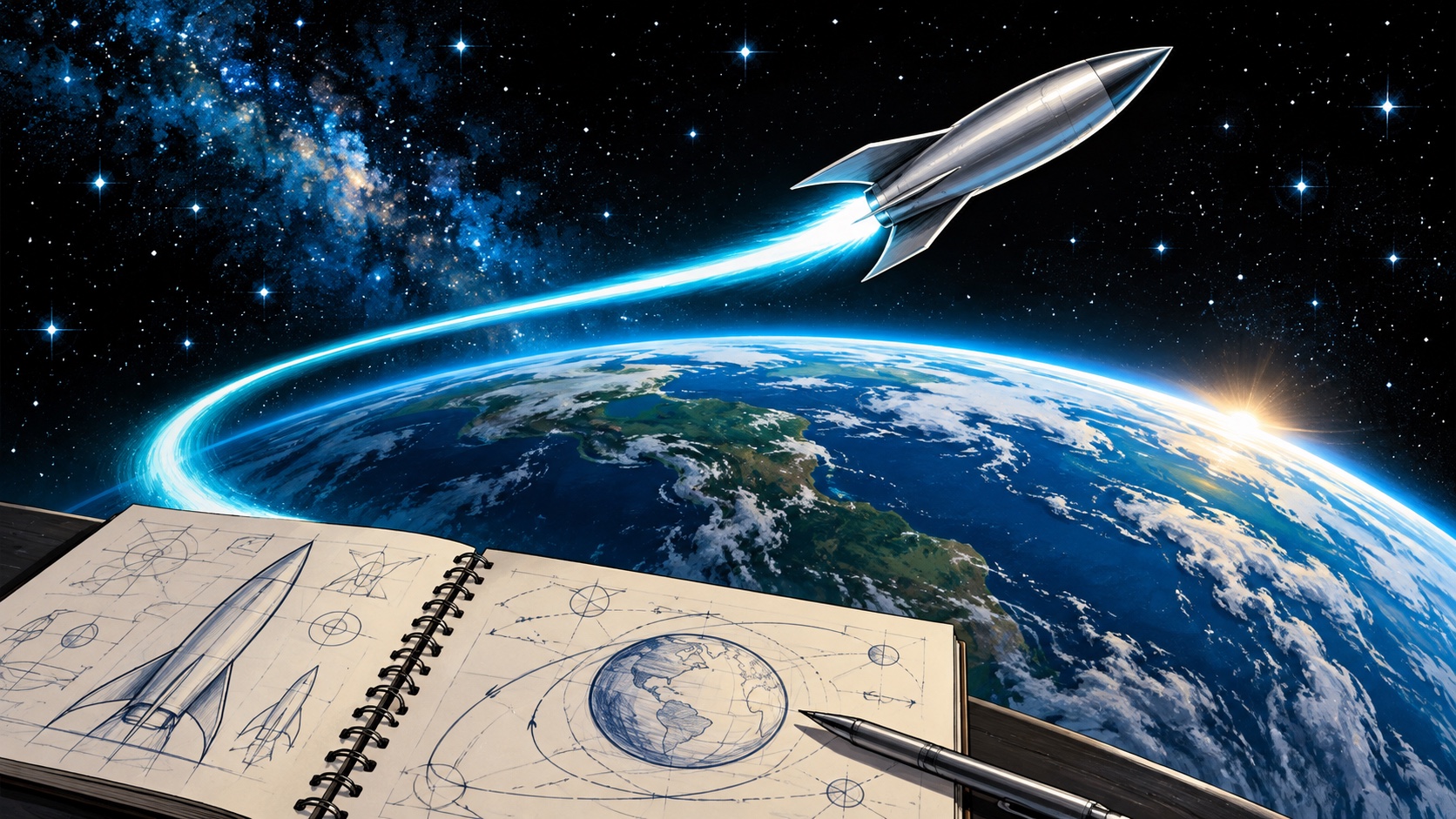 Editorial illustration: A generic silver rocket silhouette curving above Earth against a star-filled black sky; not an event photograph or official product image.