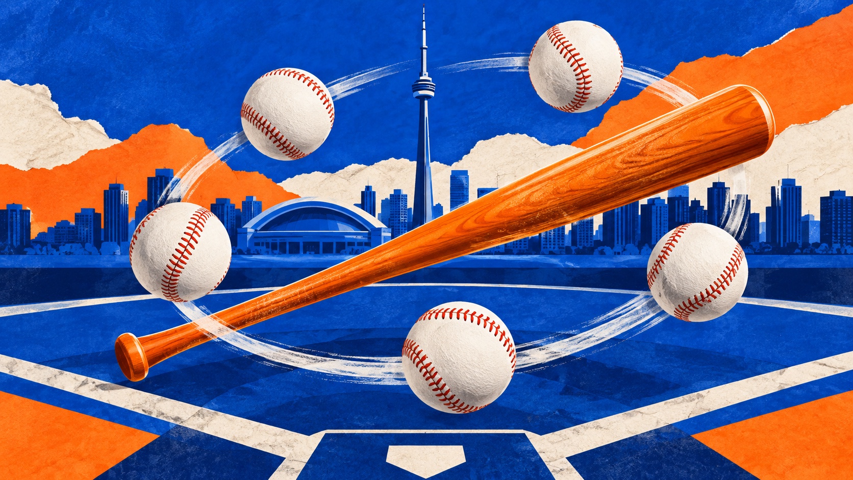 Editorial illustration: Five blank baseballs orbit an orange bat around a blue diamond under distant Toronto-inspired tower; not a photograph.