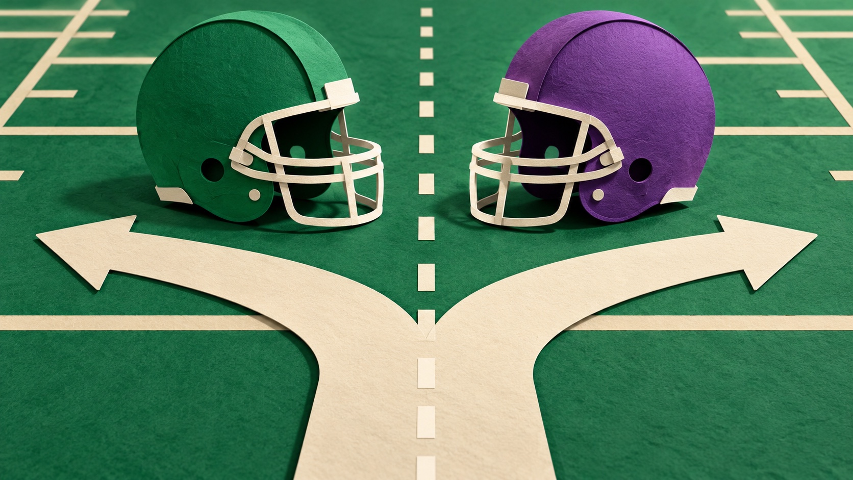 Editorial illustration: A green American-football helmet beside a purple helmet with no logos, a path splitting into two directions on a paper field; not a photograph.