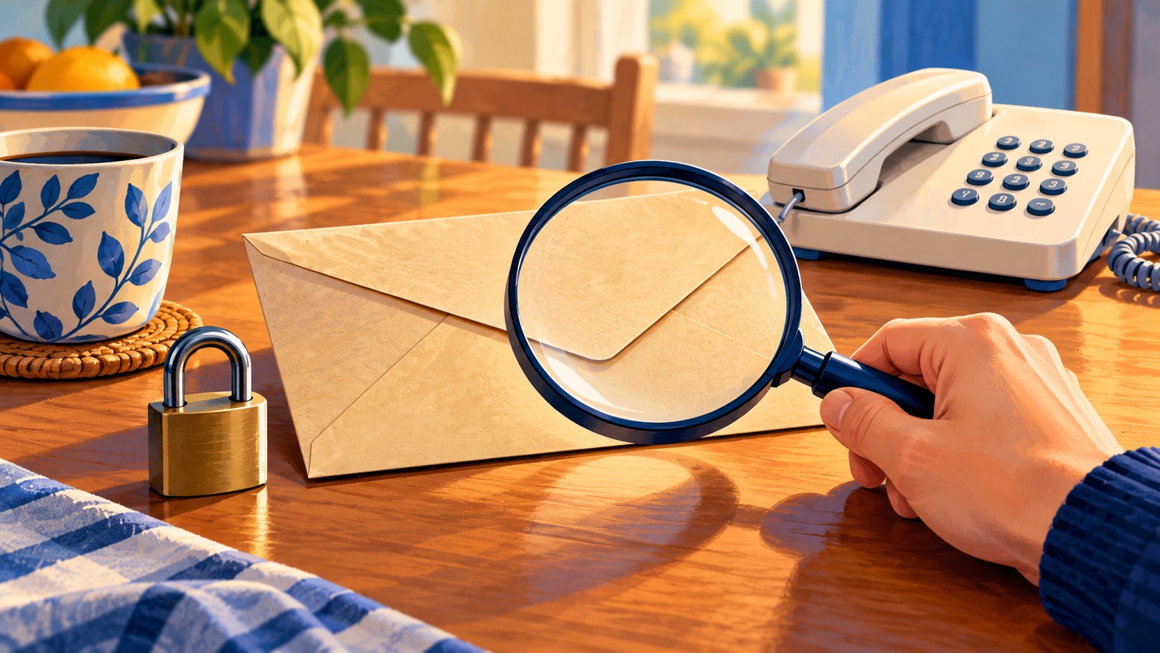 Editorial illustration: A blank pension-style envelope on a kitchen table inspected by a magnifying glass beside a plain telephone and a small secure lock; not a photograph.