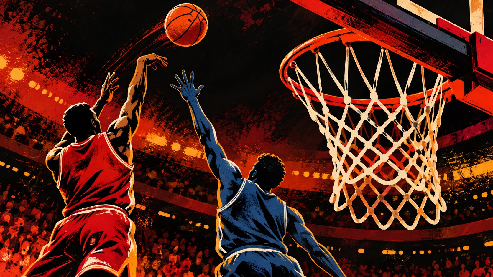 Editorial illustration: Anonymous basketball player in unbranded red kit lofting a last shot over a blue defender; not an event photograph or official product image.