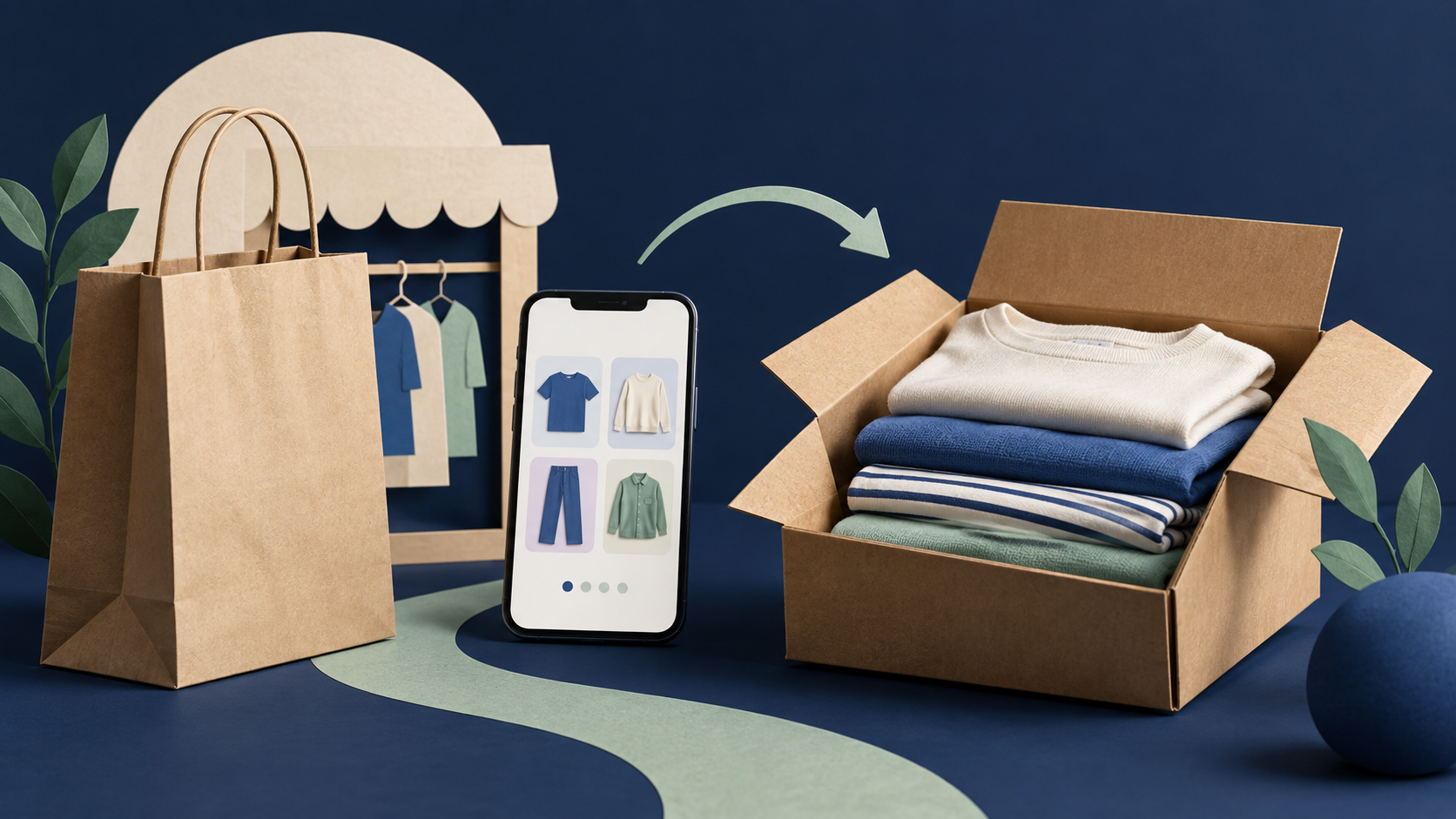 Editorial illustration of a clothing shop, online shopping phone and delivery parcel; not a photograph of Primark products or operations.
