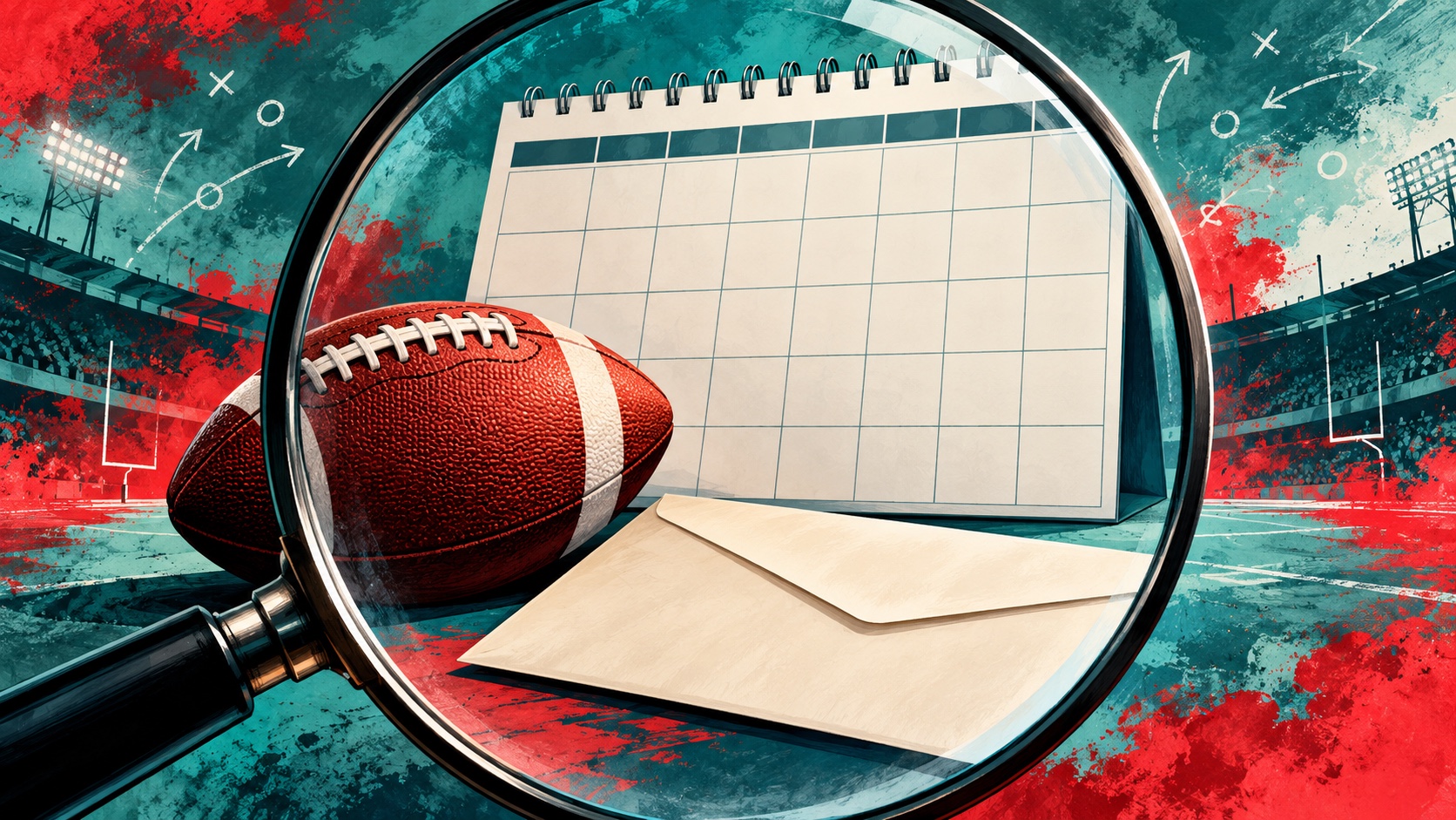 Editorial illustration: An American football and a blank contract envelope viewed through a large lens framing a full season calendar with empty squares; not a photograph.