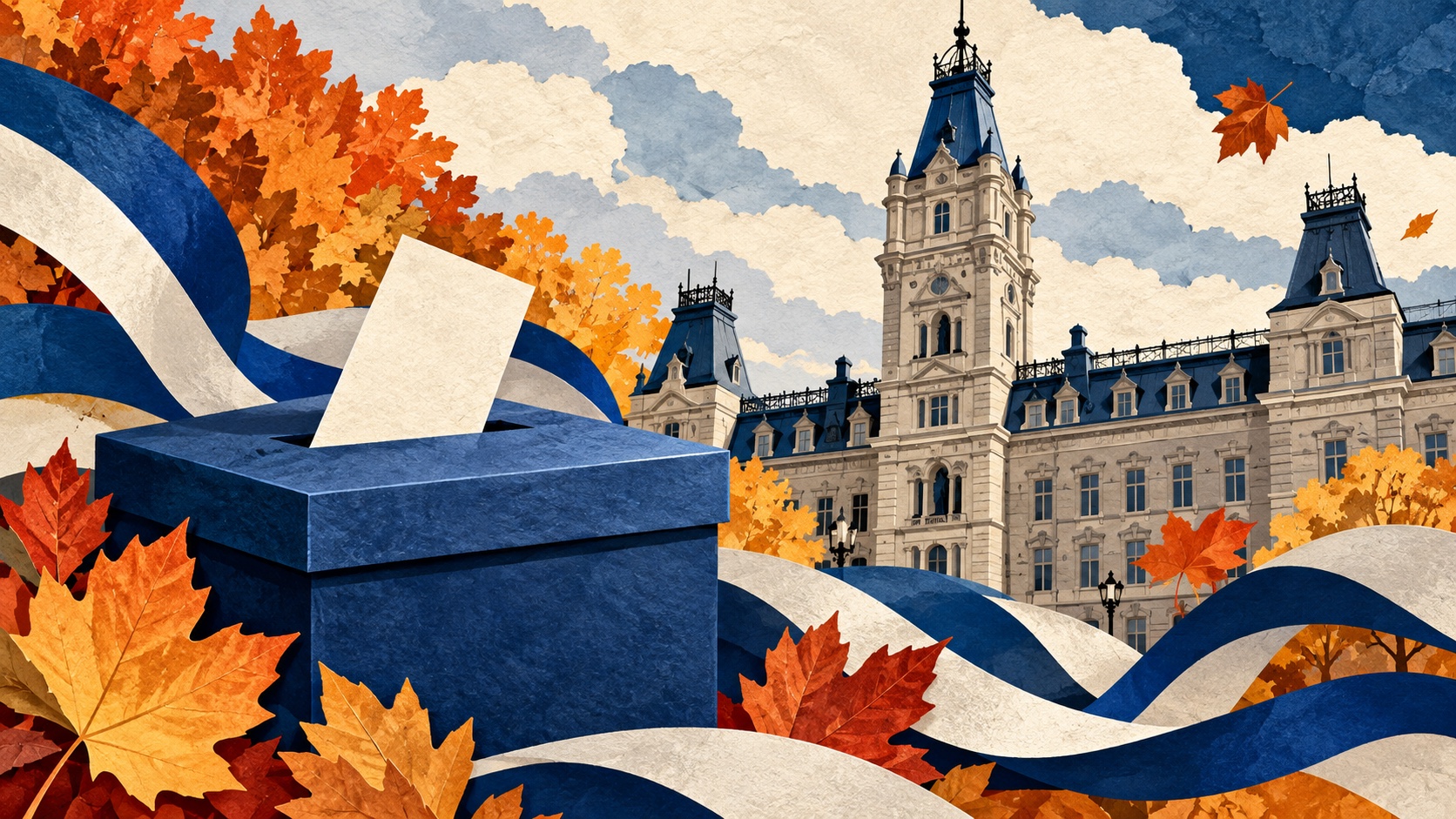 Editorial illustration: a ballot box and a Quebec parliament-inspired building representing election results and minority government; not a photograph.