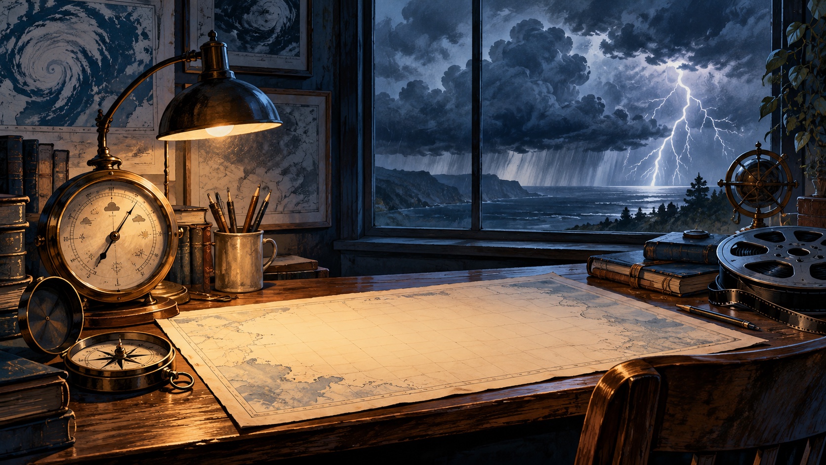 Editorial illustration: A weather scientist's empty desk with a barometer, compass and blank map beside a dark storm window and a film reel, quiet expertise without depicting a real actor or event; not a photograph.