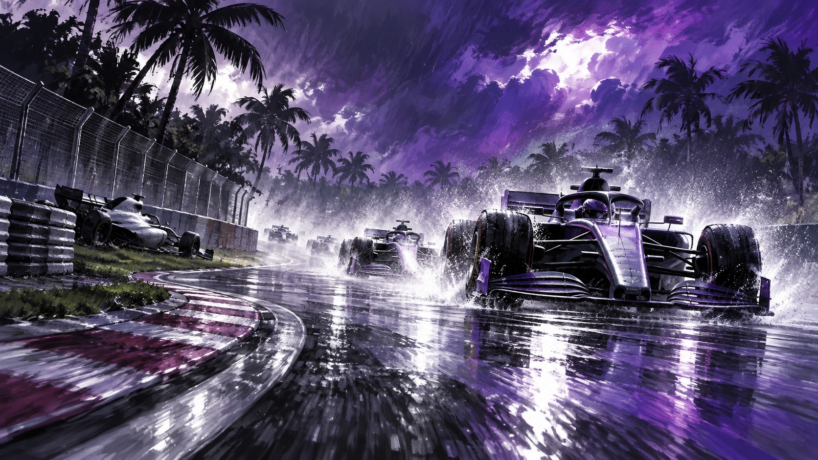 Editorial illustration: rain racing retirement; a conceptual image, not a photograph of the event or actual people.