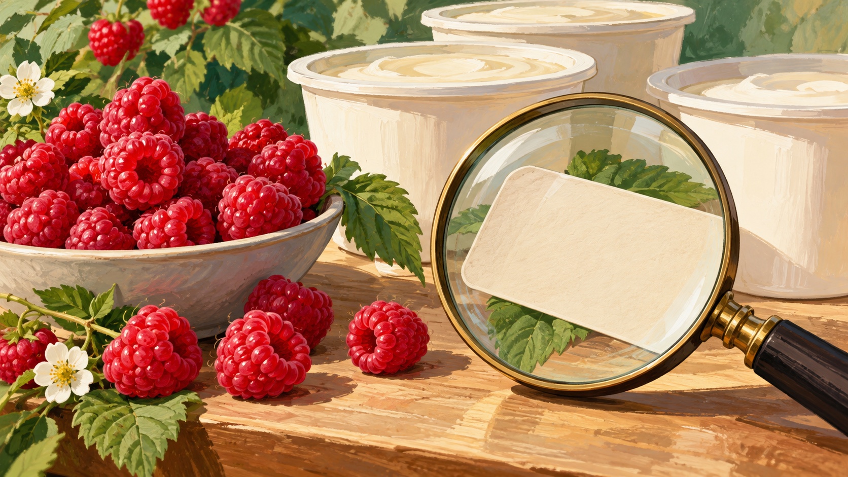 Editorial illustration: Raspberries beside plain dessert tubs and an unmarked label under a magnifying glass on a grocery counter; not an event photograph or official product image.