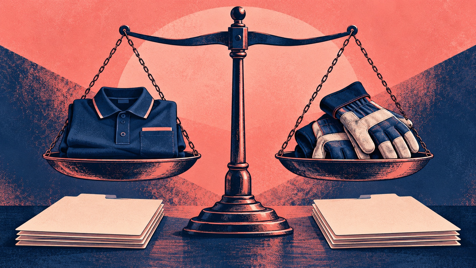 Editorial illustration: A folded plain shop uniform and warehouse work gloves on opposite pans of balanced scales, blank appeal folders beneath, equal-pay process not a legal verdict graphic; not a photograph.