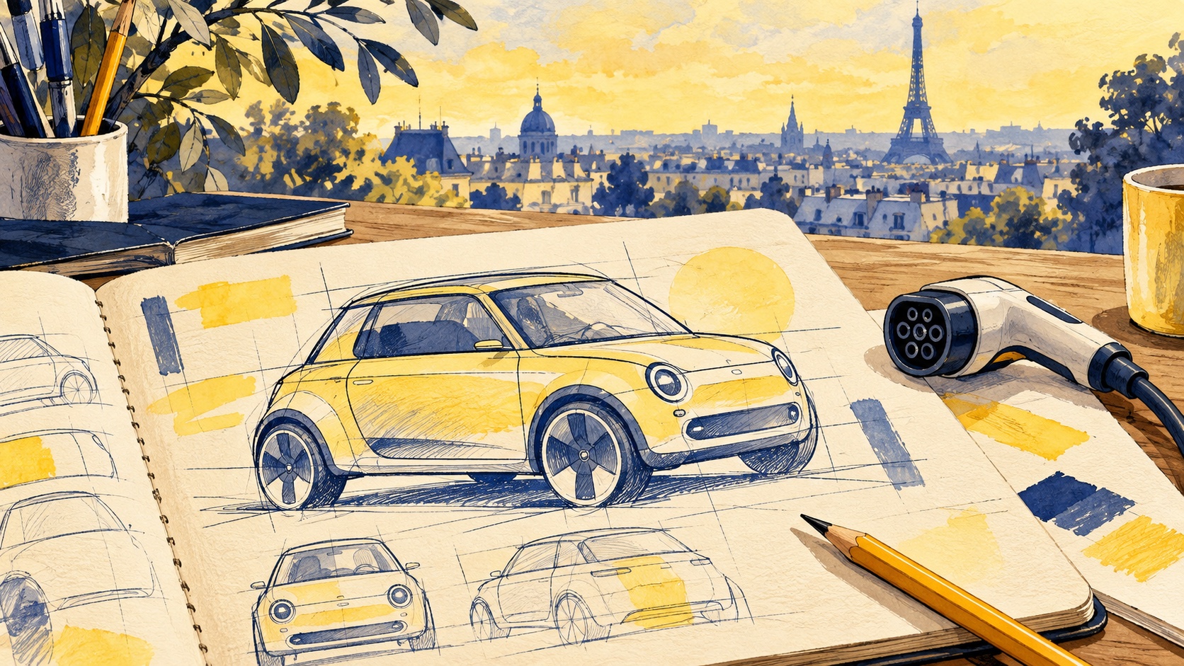 Editorial illustration: an imaginative unbranded retro electric-car design sketch; not a photograph or an official Citroen concept.