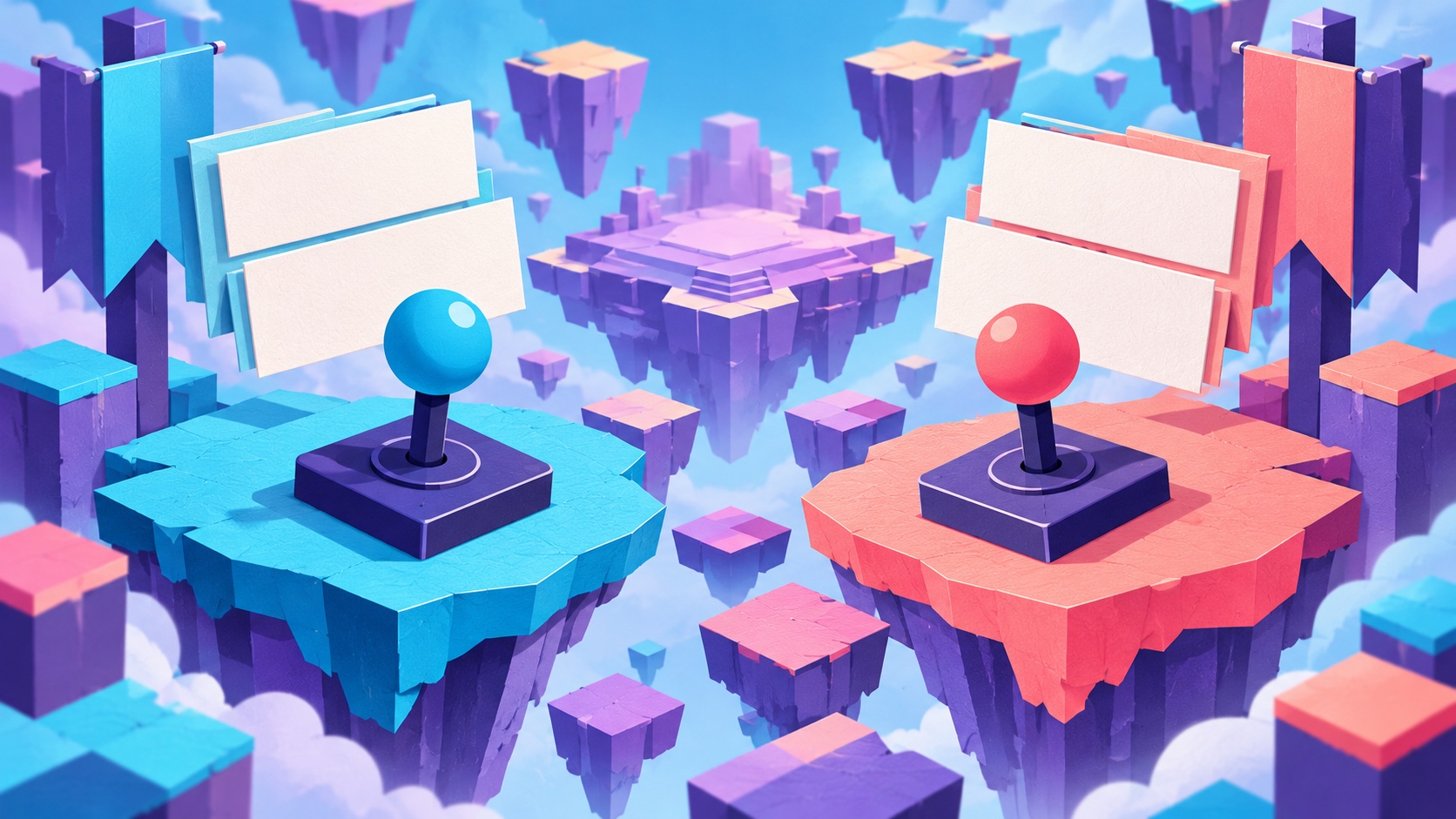 Editorial illustration: An imagined arena of floating paper platforms with two plain arcade joysticks and blank patch-note cards; not a photograph.