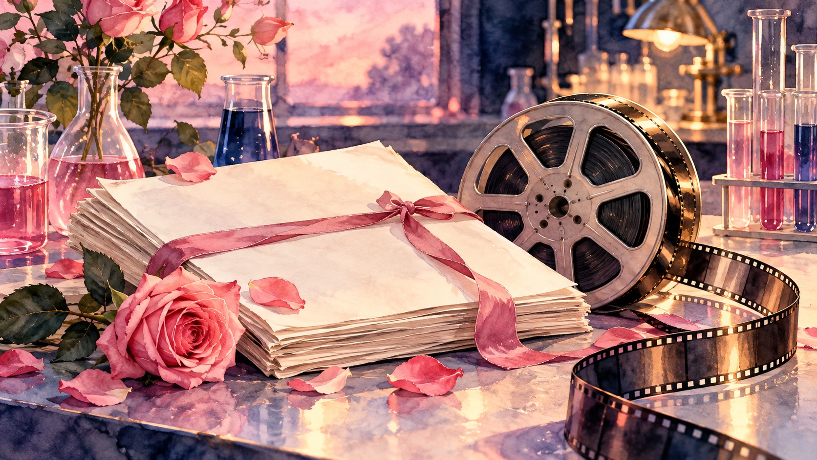 Editorial illustration: An unmarked romance manuscript and a movie reel on a laboratory bench with a rose and beakers; not an event photograph or official product image.