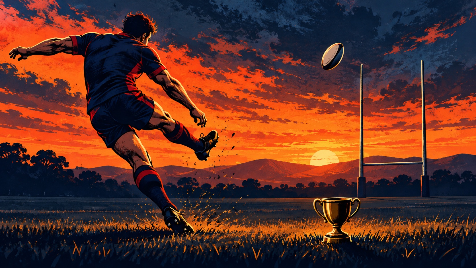 Editorial illustration: rugby league field goal final; conceptual artwork, not an event photograph or official document.
