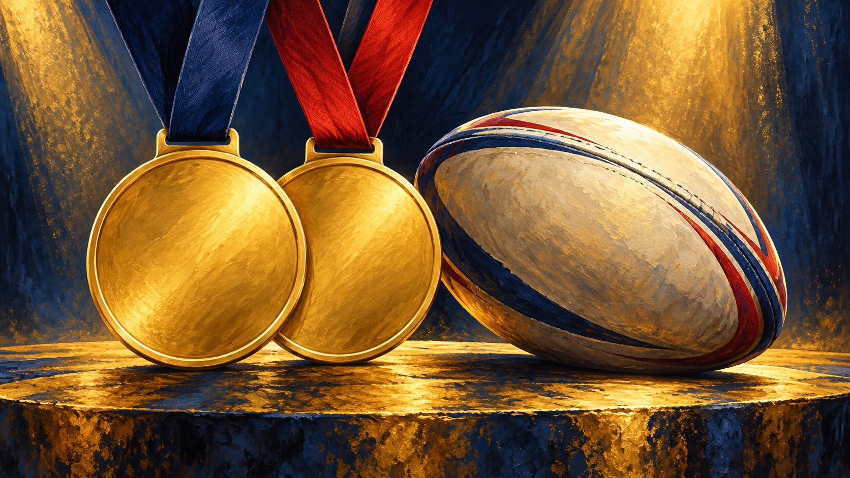 Editorial illustration: rugby league medals; conceptual artwork, not an event photograph or official document.