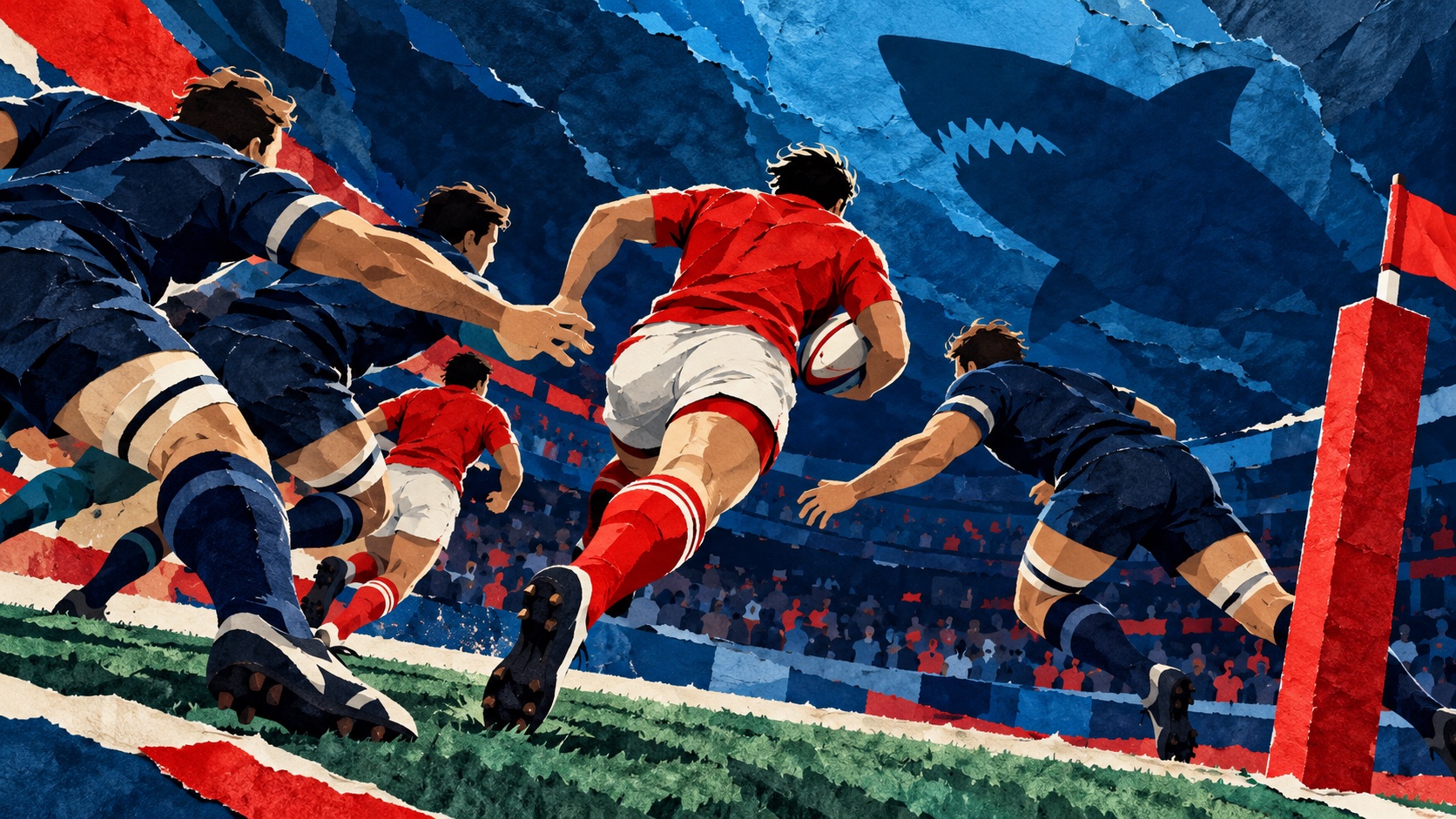 Editorial illustration: Anonymous plain red and navy rugby players running through a gap toward a try-line; not a photograph of the event or an official product depiction.