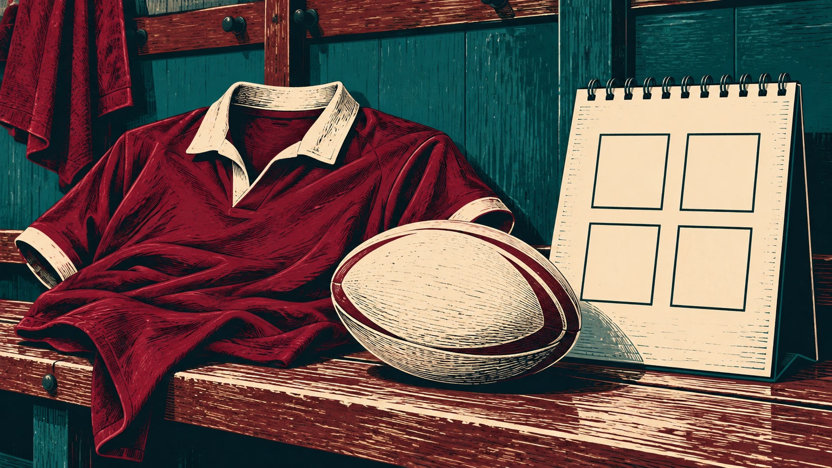 Editorial illustration: A plain rugby jersey and oval ball on a bench beside a blank calendar with four empty outlined squares; not an event photograph or official product image.