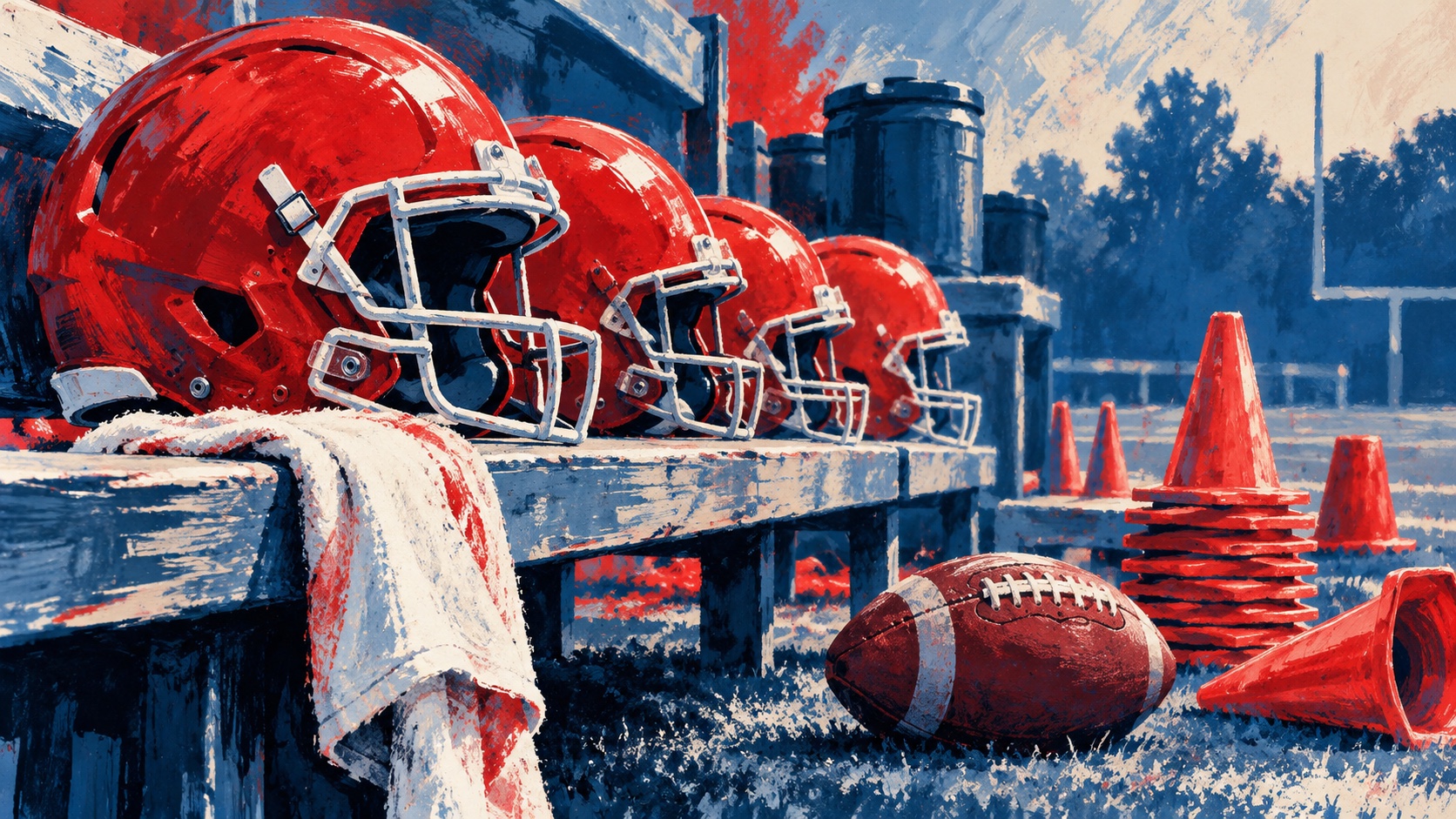 Editorial illustration: Several plain red American football helmets stacked along a practice bench beside a ball and uneven training cones, depth and workload without a specific player; not a photograph.
